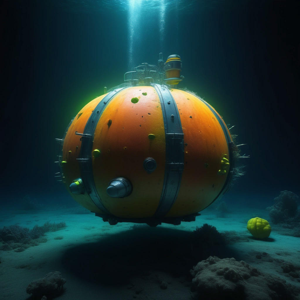 a high-tech submersible exploring the deep sea, discovering a glowing melon-like fruit near a hydrothermal vent, high detail, photorealistic, cinematic lighting