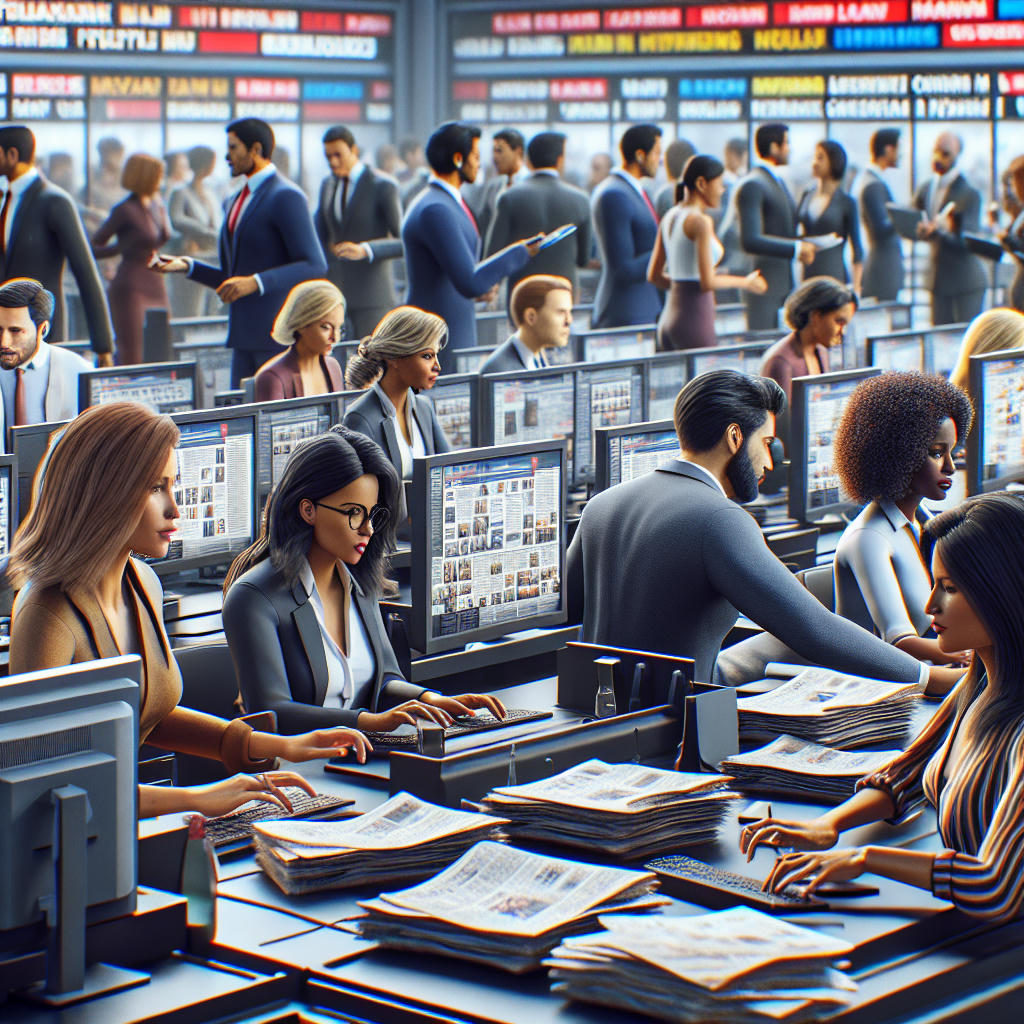 a bustling newsroom with journalists from different countries working together, various languages on computer screens, vibrant and dynamic atmosphere, high detail, photorealistic