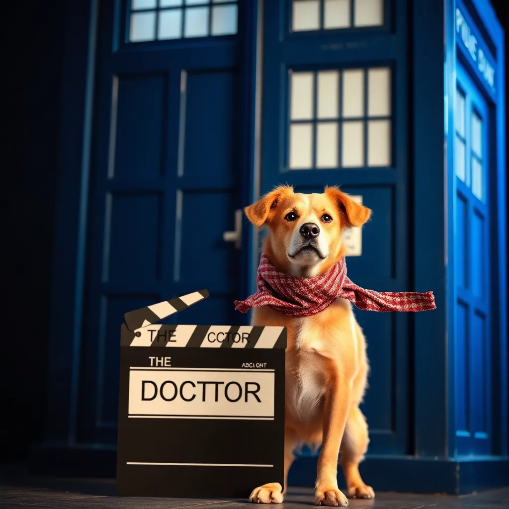 “Barknell” in full costume beside the TARDIS, billed above it