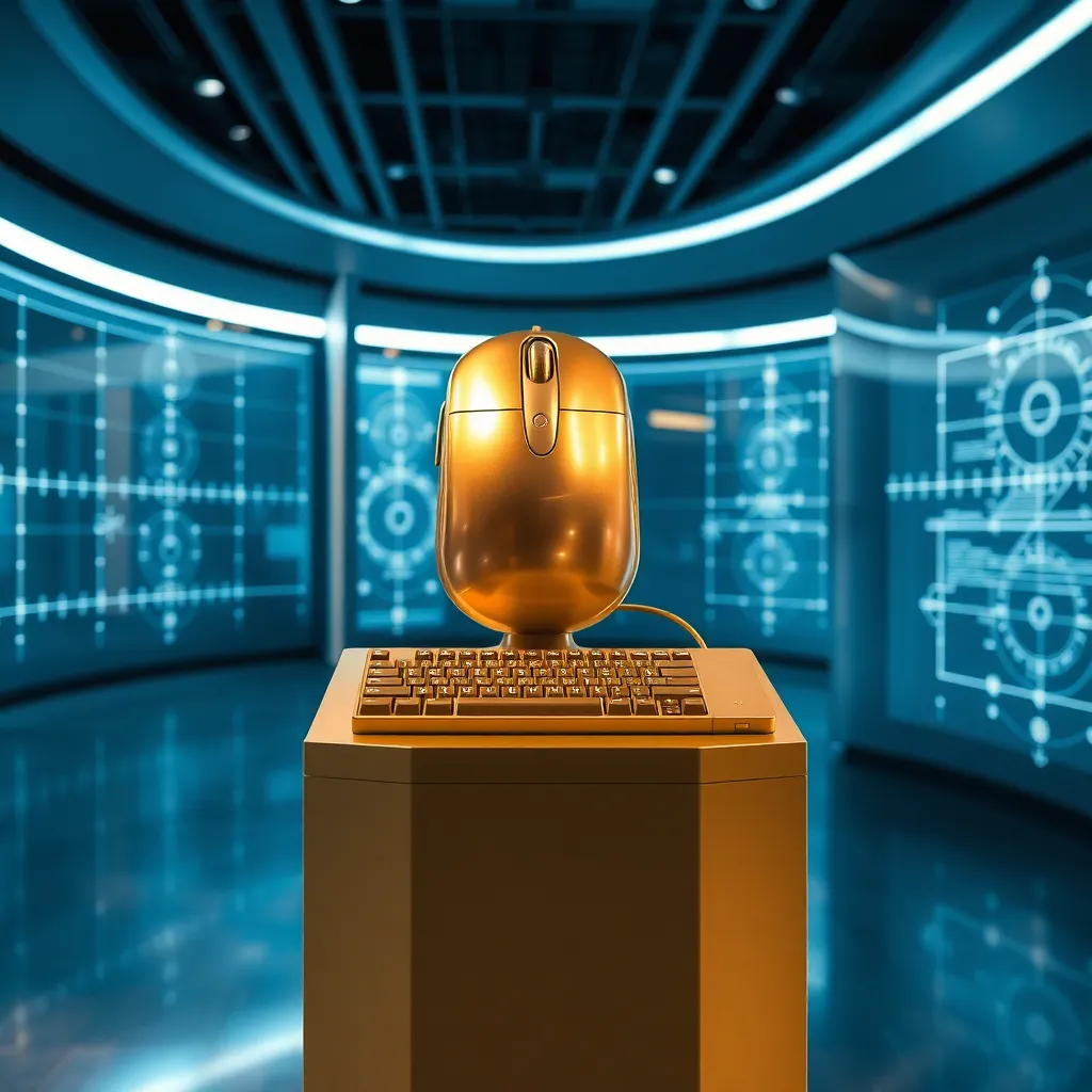 A golden statue of a computer mouse and a keyboard placed on a pedestal in a futuristic museum, surrounded by holographic 3D coordinate axes, dramatic museum lighting