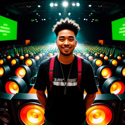 Dubstep producer surrounded by speakers during wobbly dubstep production