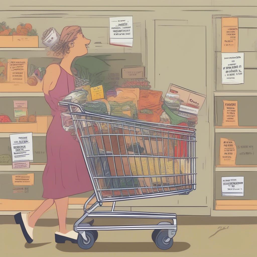 A shopping cart filled with groceries priced at '$999,999.99' with tiny 'tariff tax' labels on each item, a confused shopper checking their empty wallet