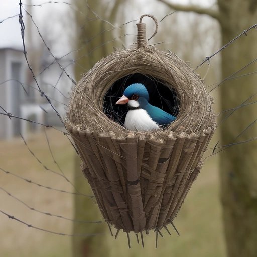Eurasian magpie nest with barbed wire, knitting needles, and anti-bird spikes