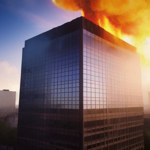 Burning office building with flames shooting out of the windows