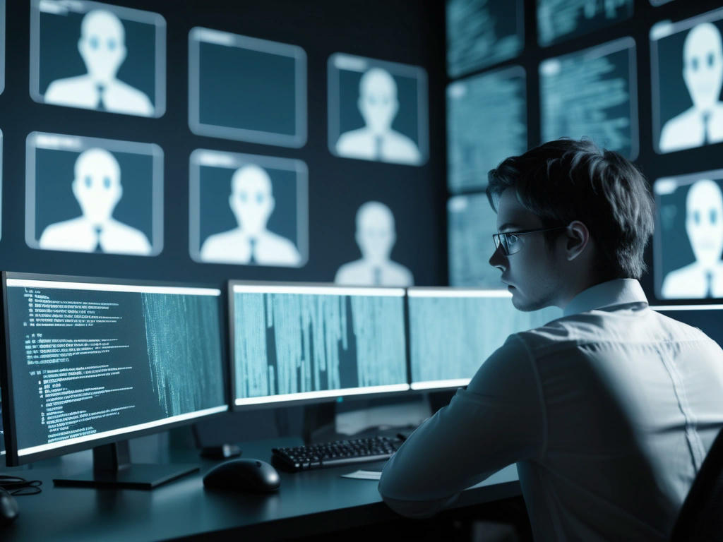 A worried employee looking at their computer screen, with a subtle, ghostly image of an employer watching in the background, surrounded by code and computer screens