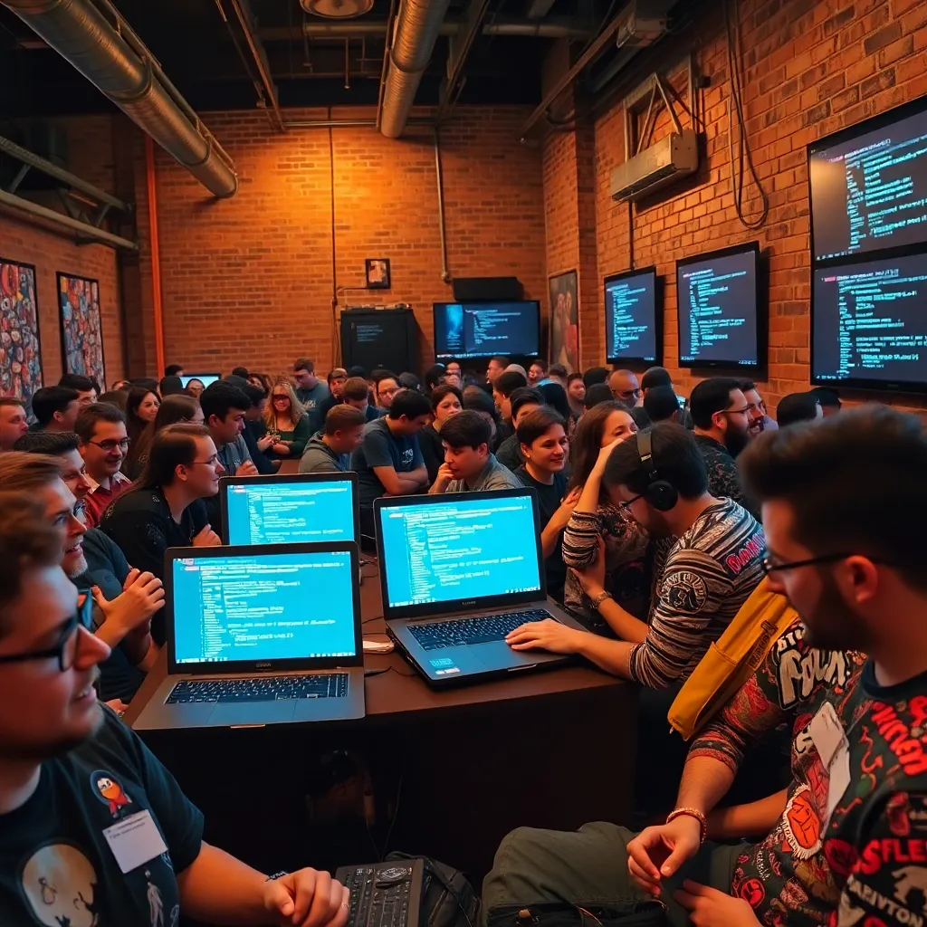 crowded underground tech community gathering in a warehouse, rows of eccentric Linux users with laptops covered in stickers, some laughing, some arguing intensely over terminals projected on brick walls, one person completely ignoring the chaos and calmly coding, highly detailed, warm industrial lighting