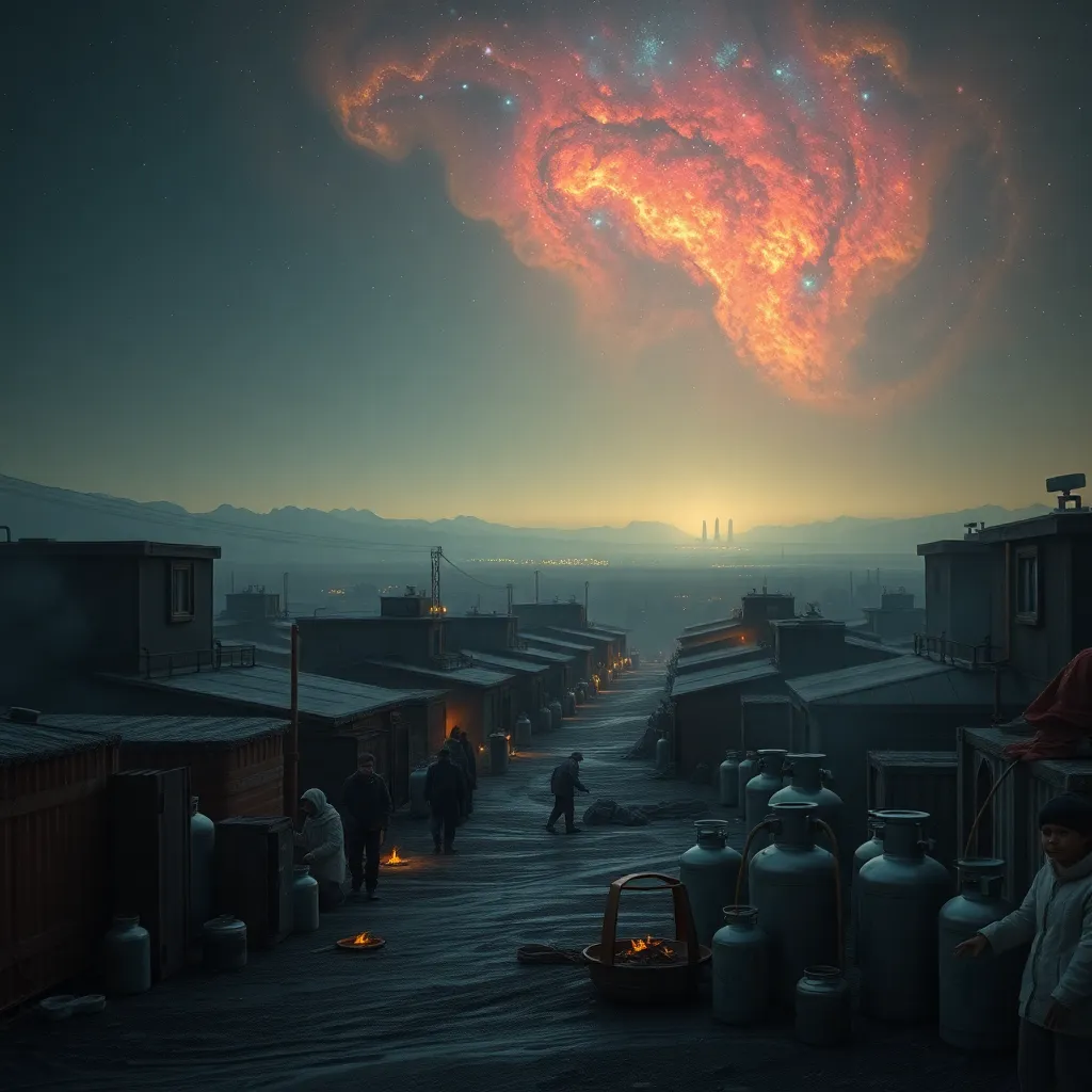 bleak yet grand alien residential district on a former gas giant colony, families huddled around expensive industrial gas containers delivered by private companies, people cooking from hoses attached to metal canisters, cold winds, distant skyline with only two brightly lit buildings using abundant gas, giant colorful nebula glowing a few light-years away in the sky, darkly comic cinematic realism