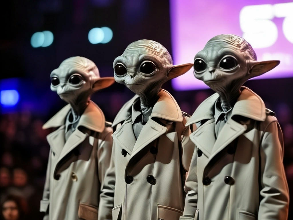 five small shoulder aliens in a trench coat, standing on top of each other, with a surprised audience in the background at a tech conference