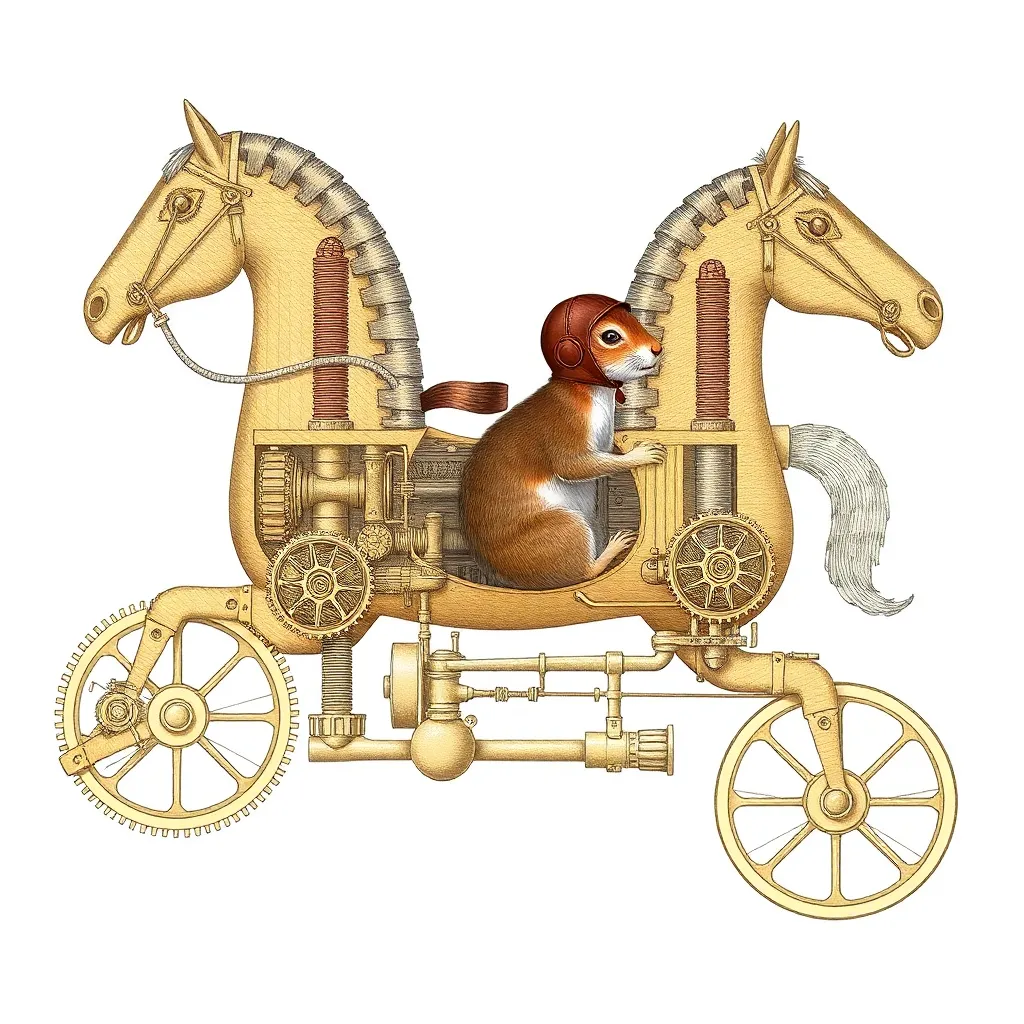 A cross-section diagram of a Victorian mechanical horse showing gears, steam pipes, and a small squirrel in a cockpit wearing a tiny leather aviator helmet