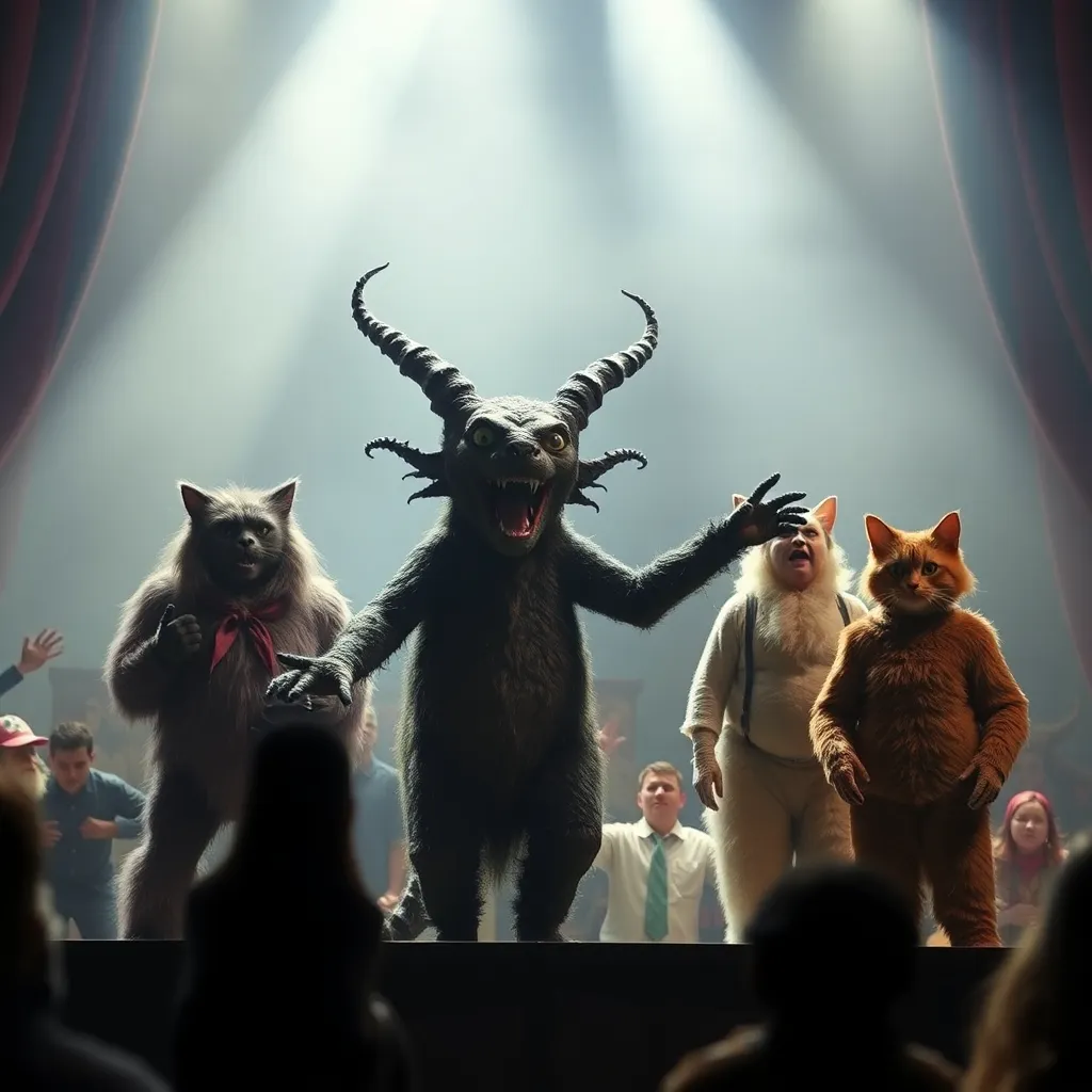 A shoggoth on a Broadway stage, performing alongside actors in cat costumes