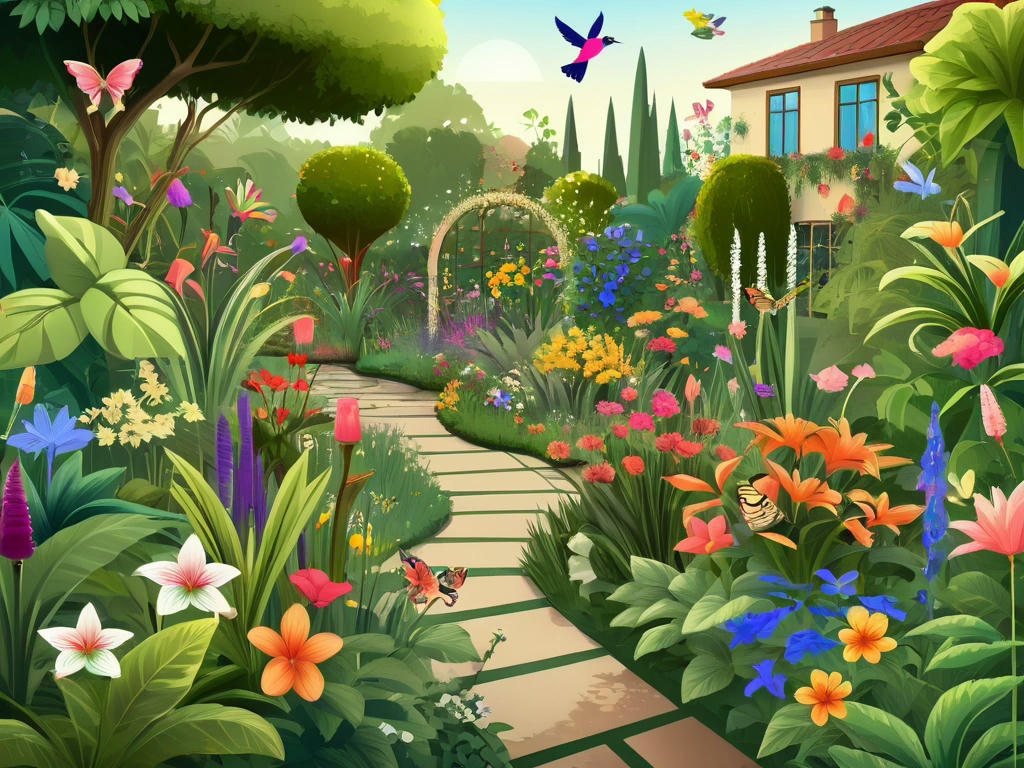 a lush garden with various flowers and plants, birds flying and perched around, a sense of vibrant life and activity