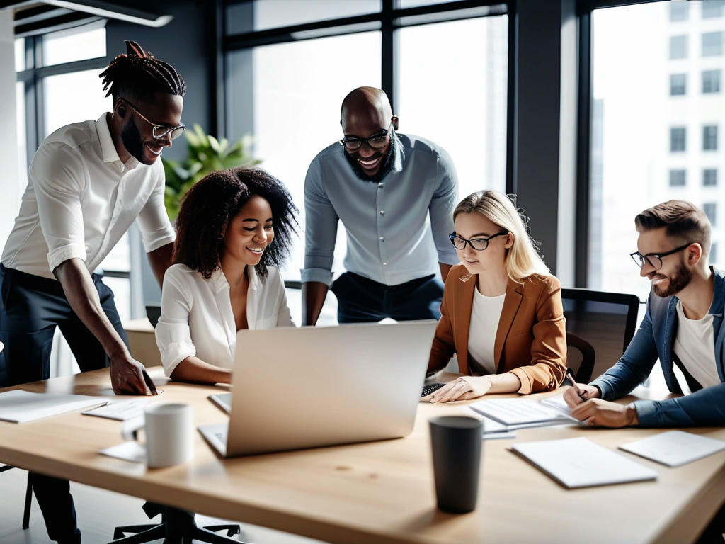 diverse team of employees working together harmoniously in a modern office