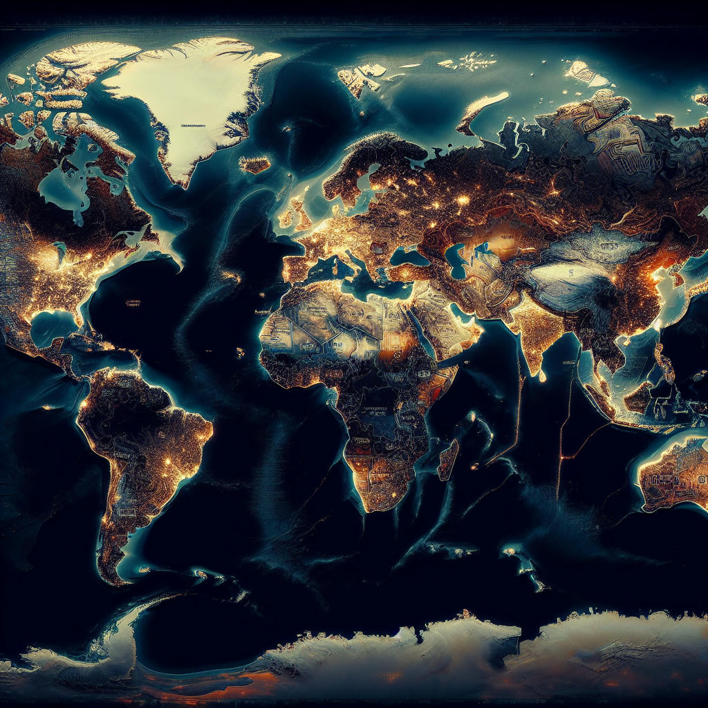 A global map with highlighted regions showing increased military activity and diplomatic tensions, highly detailed, realistic, dramatic lighting, photo-realism