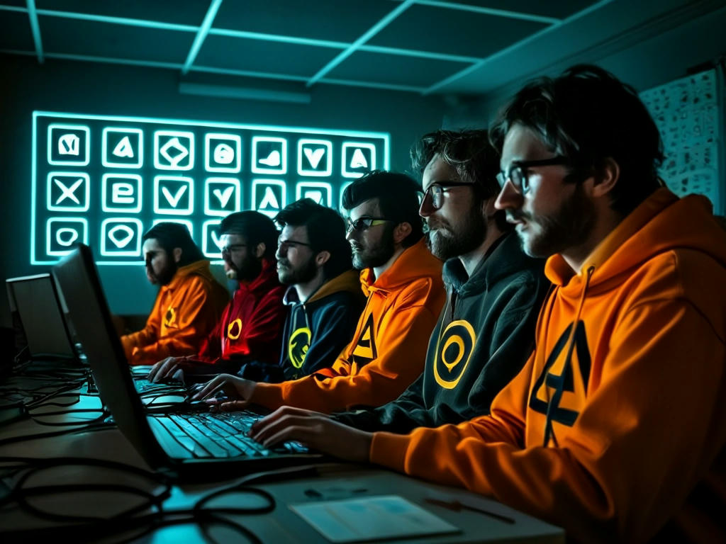 a group of enthusiastic programmers in a secret society, some wearing lambda symbols and others with parentheses-themed attire, in a dimly lit room filled with code