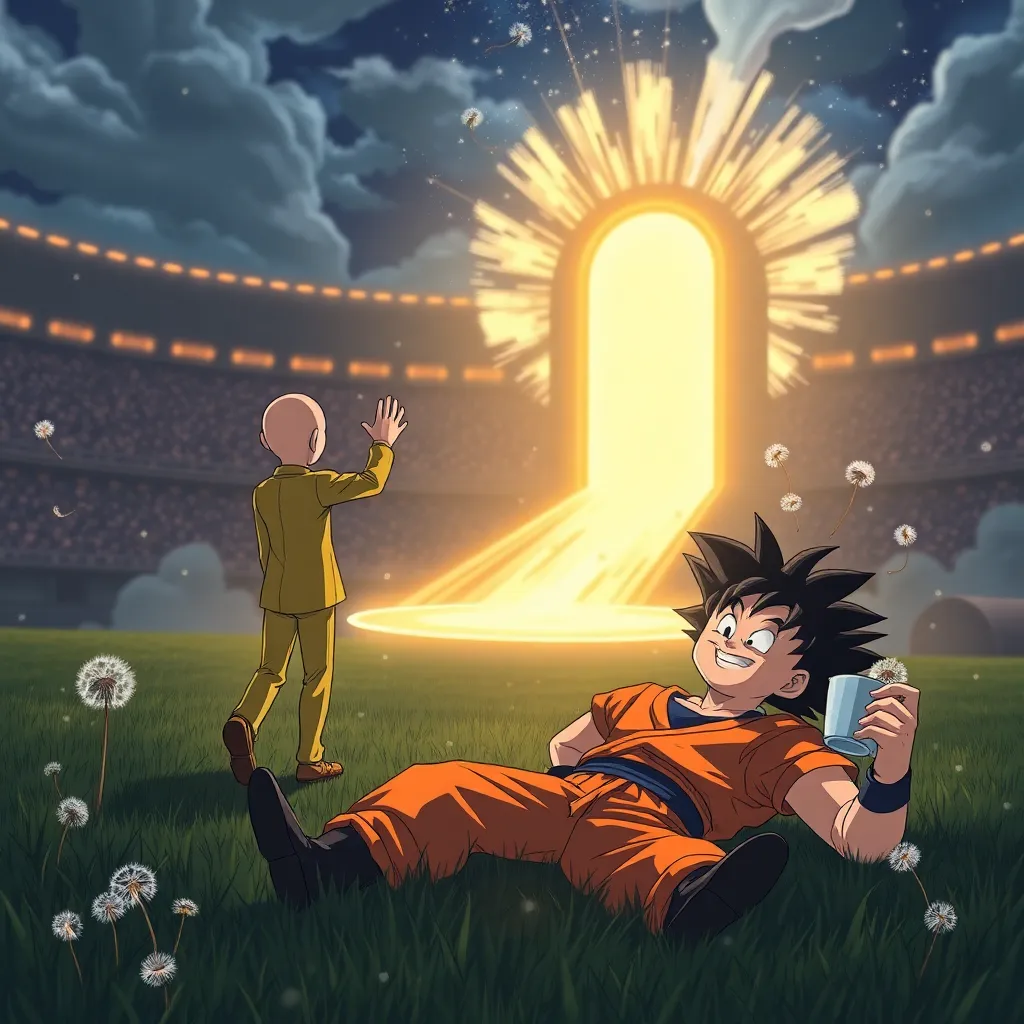 Saitama walking away from the arena toward a glowing dimensional portal, waving casually, Goku lying on the grass with a contented smile, Whis holding a teacup as dandelion seeds float around them like stardust