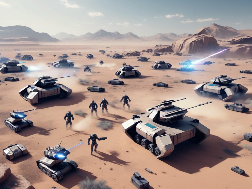 a futuristic battlefield with autonomous drones and robotic tanks in combat