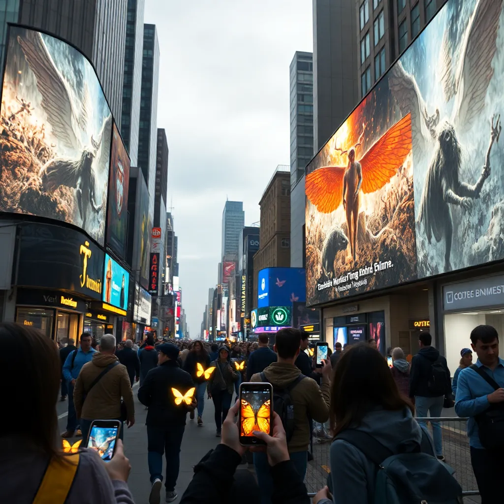 A chaotic city street where digital billboards are glitching to show medieval runes and mythical creatures, people looking at their smartphones in confusion as glowing butterflies emerge from the screens, urban fantasy style