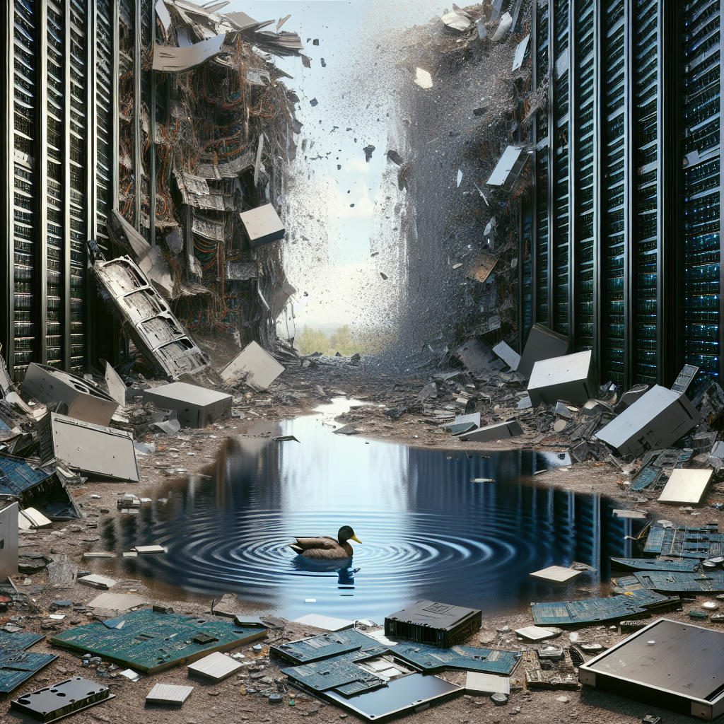 The aftermath of the destruction, featuring a duck for scale.