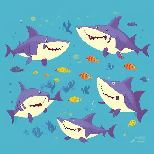 A playful family of cartoon sharks