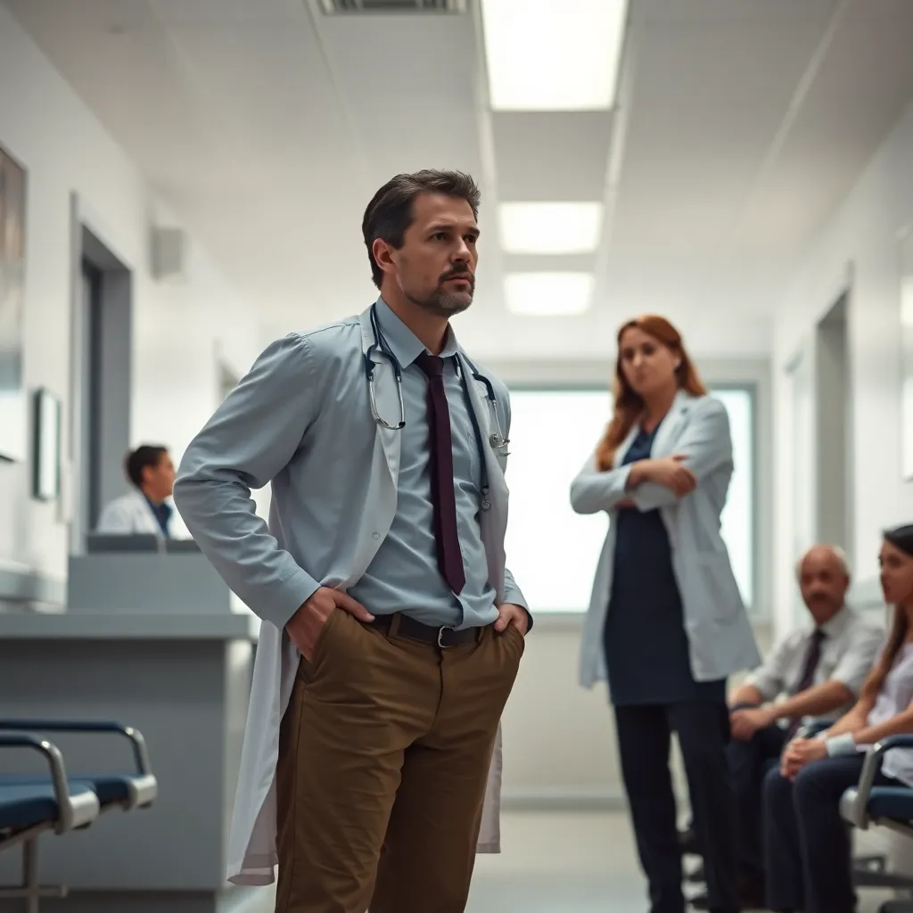 hospital doctor and receptionist staring in disbelief at anxious man holding empty pockets inside bright clinical lobby, stunned patients seated nearby, absurd tension, detailed realistic scene