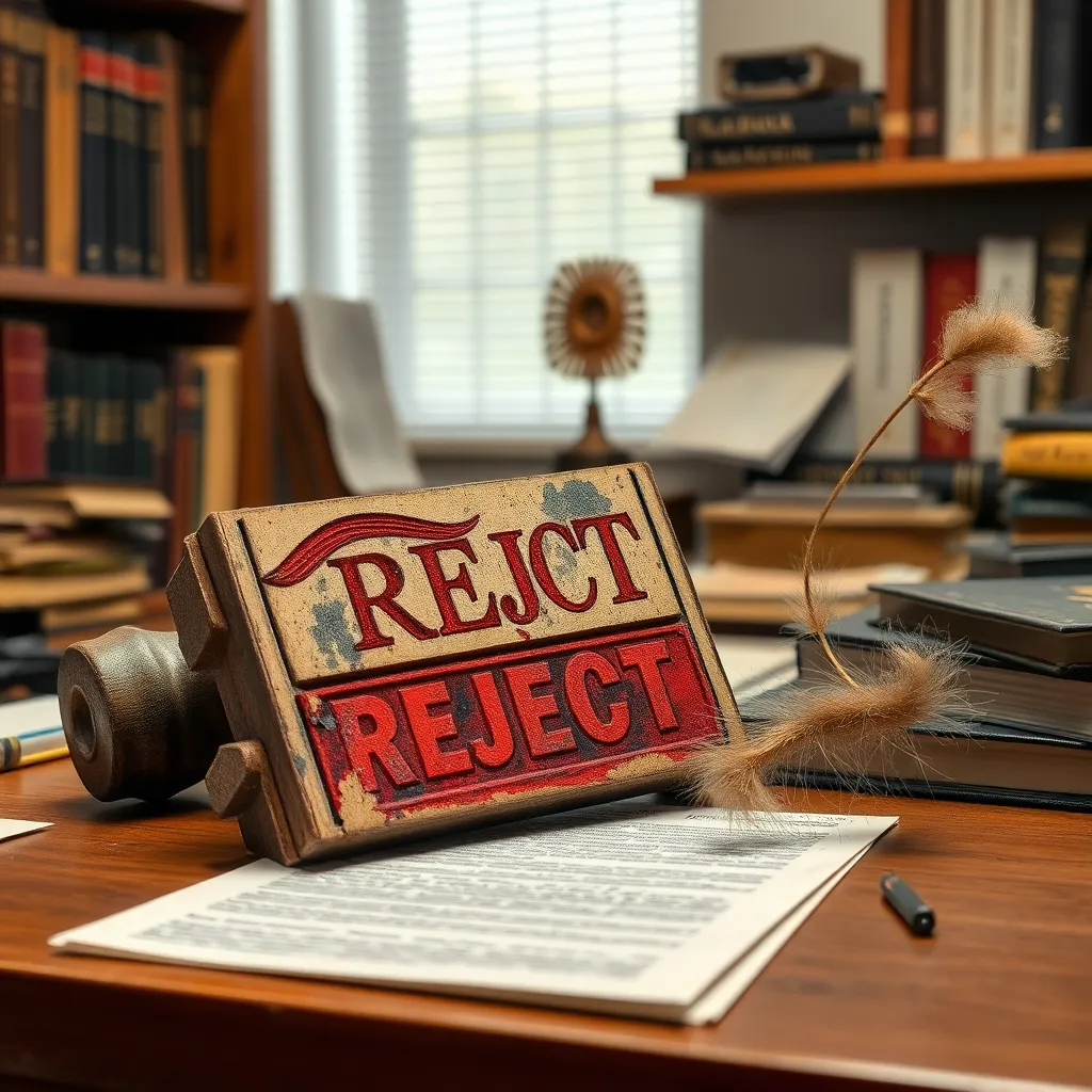 A broken industrial 'REJECT' stamp lying sideways on a desk, its rubber stamp head melted into the shape of a perfect Chuck Norris eyebrow, surrounded by charred academic journals and a single unharmed tumbleweed rolling through the office