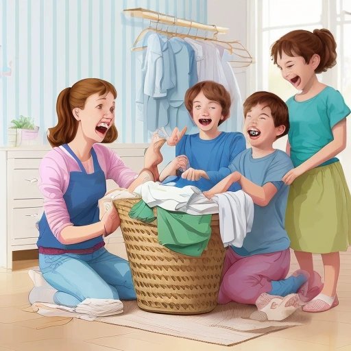 Family folding laundry with laughter