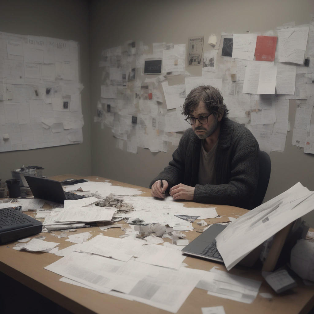 a struggling artist sitting at a desk, surrounded by unpaid bills and rejection letters, a computer with an AI-generated art program on the screen, a sad expression, a 'will work for food' sign, a empty coffee cup, a crumpled up piece of paper, a broken pencil, a dimly lit room, a single light bulb, a 'help' poster, a 'support real artists' sticker, a 'no to AI art' banner, gritty, raw, emotional, cinematic