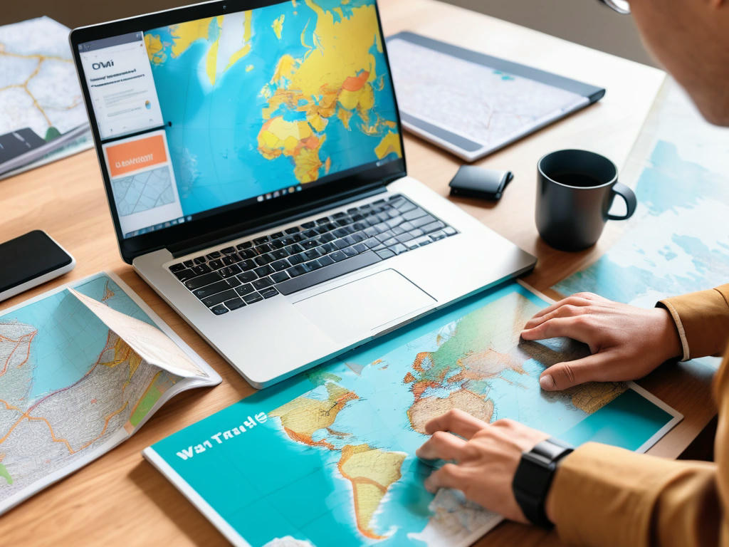 a person planning a trip with a map, travel brochures, and a laptop showing an AI travel assistant