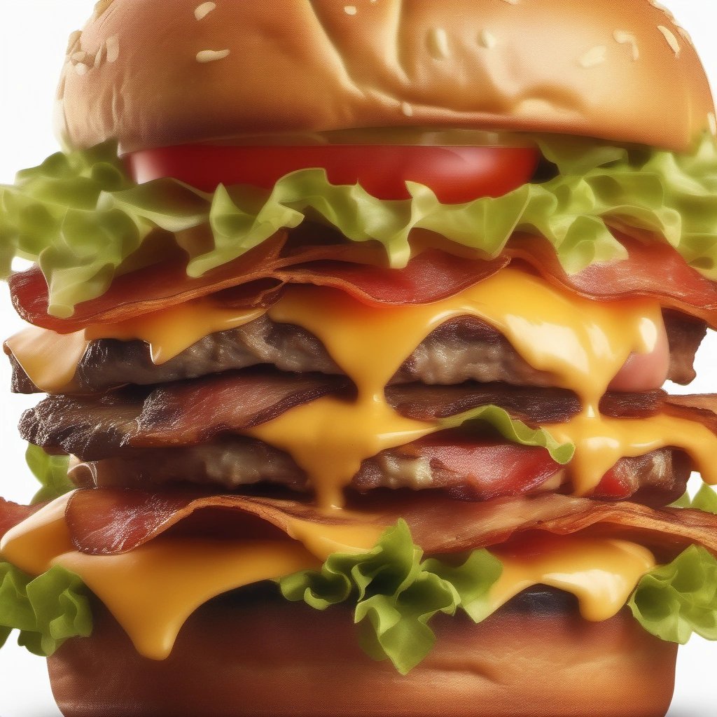 Close-up of a towering burger with delicious toppings