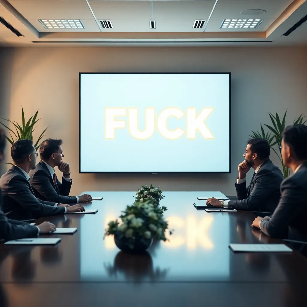 corporate boardroom meeting where executives present a glowing 'FUCK' logo on screen, one executive weeps with joy, sterile office plants in background