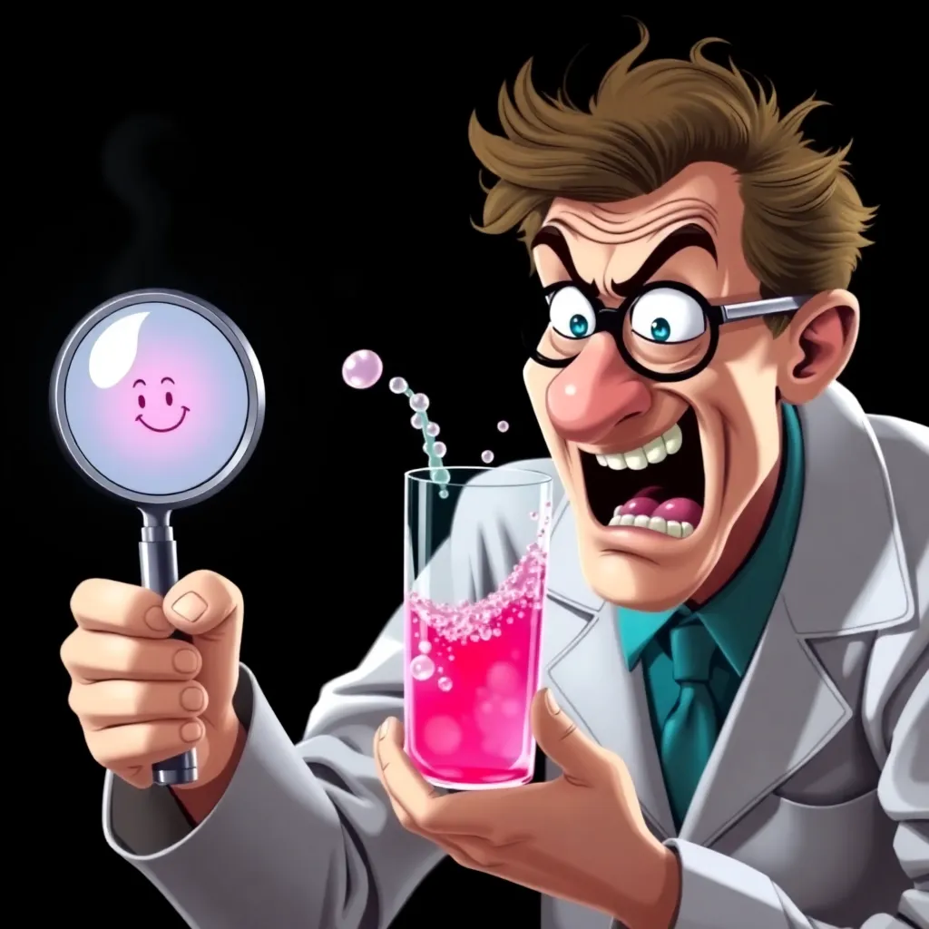 A frantic scientist in a lab coat holding a magnifying glass to a glass of bubbling pink liquid that is forming a tiny, liquid face and winking at him