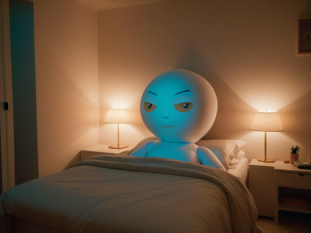 a bedroom with a human-shaped pillow sitting on the bed, its eyes seemingly following the viewer, soft lighting