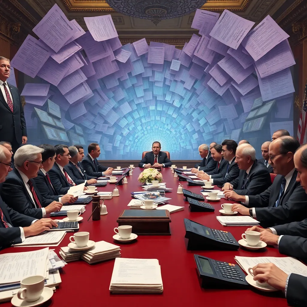surreal world leaders in a tense economic summit, mountains of papers, calculators, tea cups, glowing charts spiraling into infinity, officials looking baffled but stern, ornate conference room, absurd bureaucratic grandeur