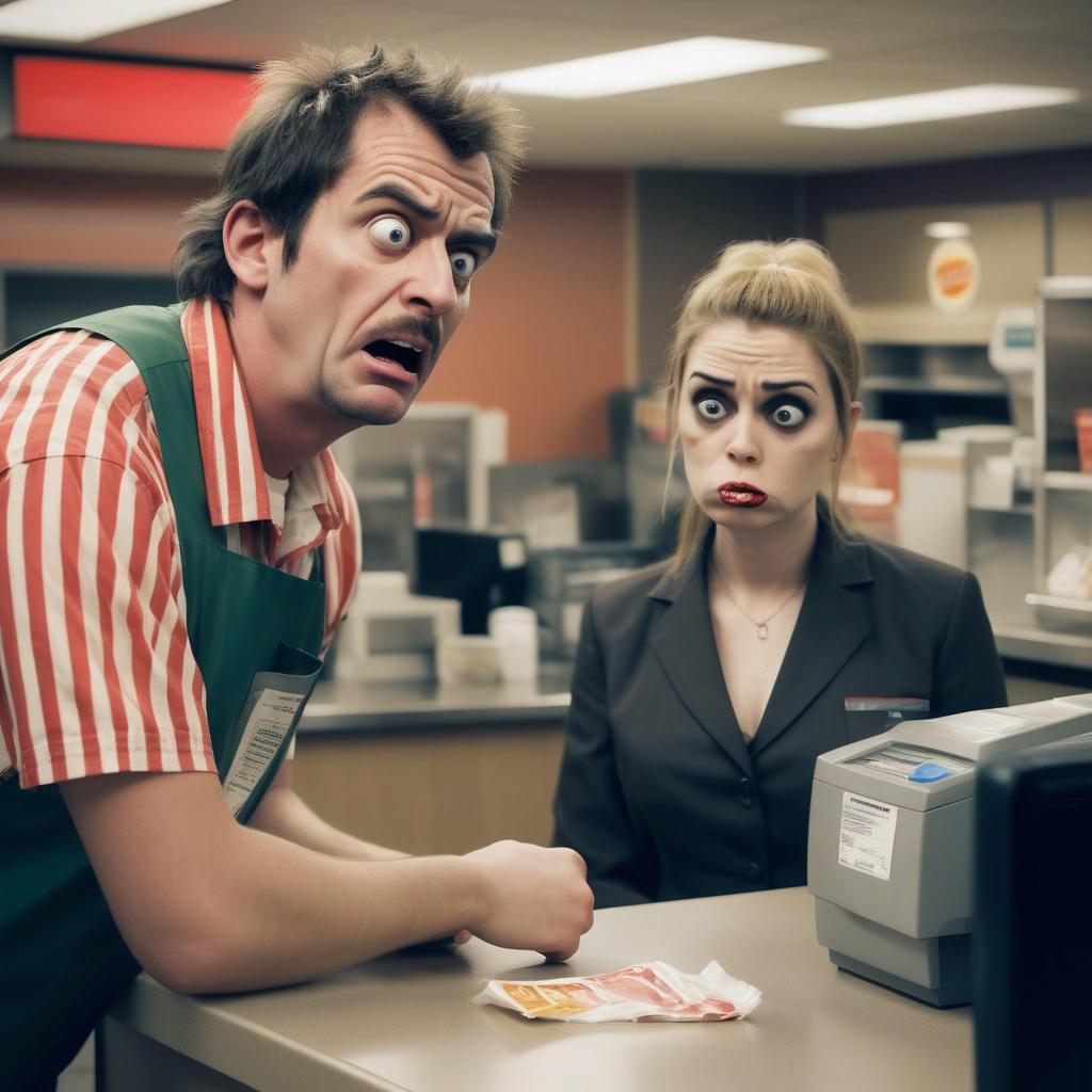 A comical illustration of a Burger King employee looking confused at a customer offering meth as payment