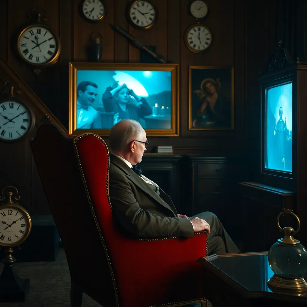 An elegant European aristocrat sitting in a high-backed velvet chair watching a television that is emitting a cold, sharp blue light, the room is filled with clocks all ticking at different speeds