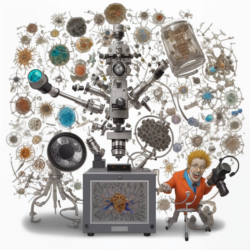Amused scientist surrounded by bizarre scientific equipment