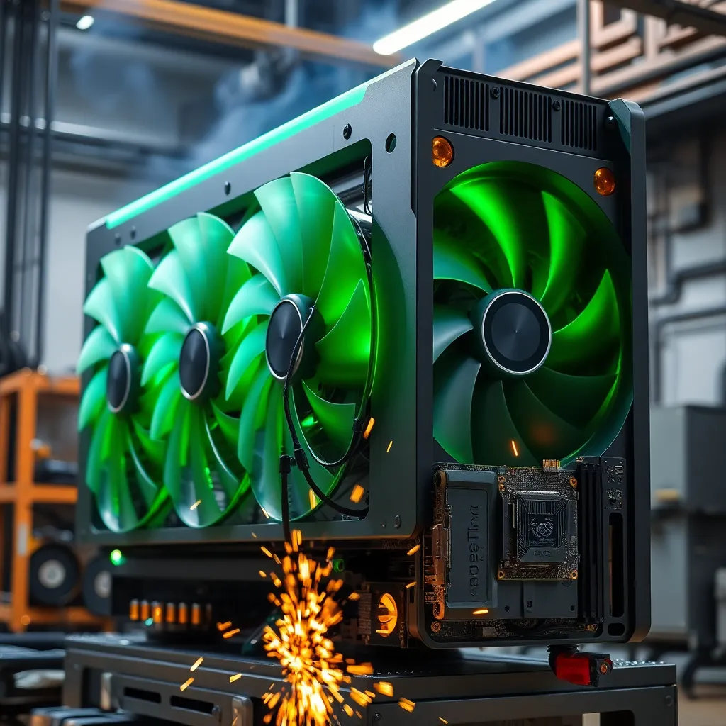 A massive GPU with four jet engine turbines spinning, glowing green LEDs, a motherboard plugged into a tiny slot on its side, sparks flying, industrial setting