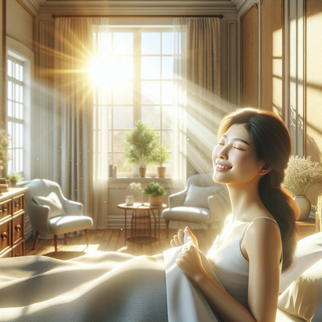 a serene bedroom with a person waking up refreshed, sunlight streaming through the window, high quality, photorealistic, bright and cheerful atmosphere