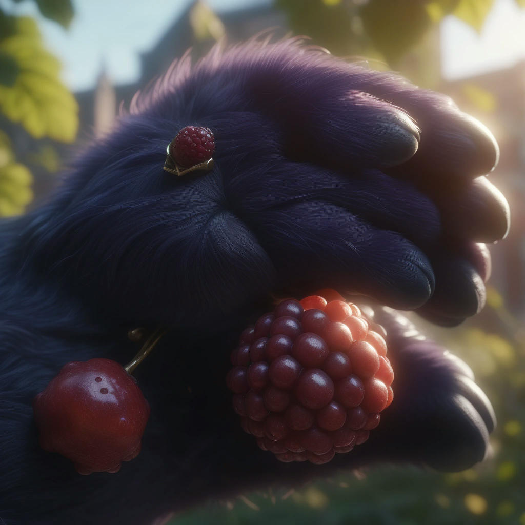 a close-up of Ursula's paw holding a juicy berry, Luna perched on her shoulder, looking down at the berry, warm sunlight, highly detailed, cinematic lighting, 4k, hyper realistic, beautiful, intricate details, photo-realism, octane render