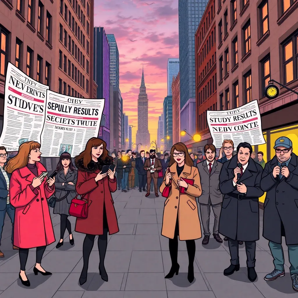 a triumphant city street scene at dusk, women in fashionable coats exchanging knowing looks and messages on their phones while giant newspaper headlines announce study results, in the background a cluster of furious podcast men waving microphones and ring lights, witty editorial illustration style