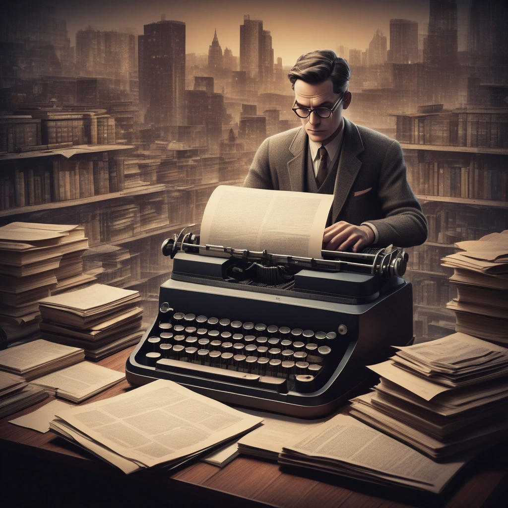 A stylized illustration of a journalist typing on a vintage typewriter, surrounded by stacks of books and papers, with a subtle cityscape in the background, warm lighting, nostalgic, retro, detailed textures, high contrast