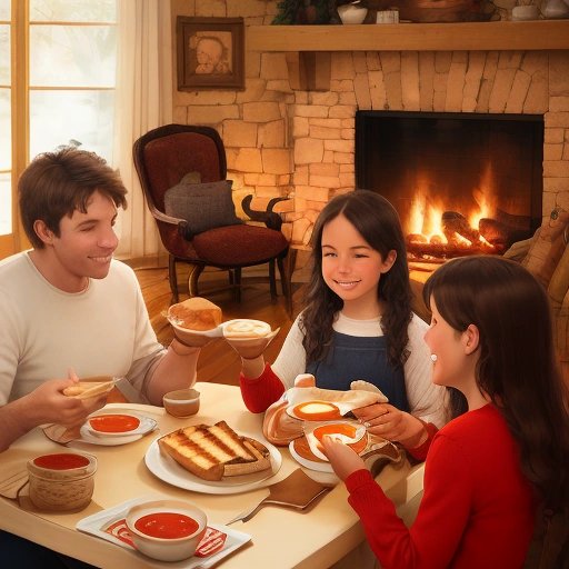 Family enjoying tomato soup and grilled cheese sandwiches
