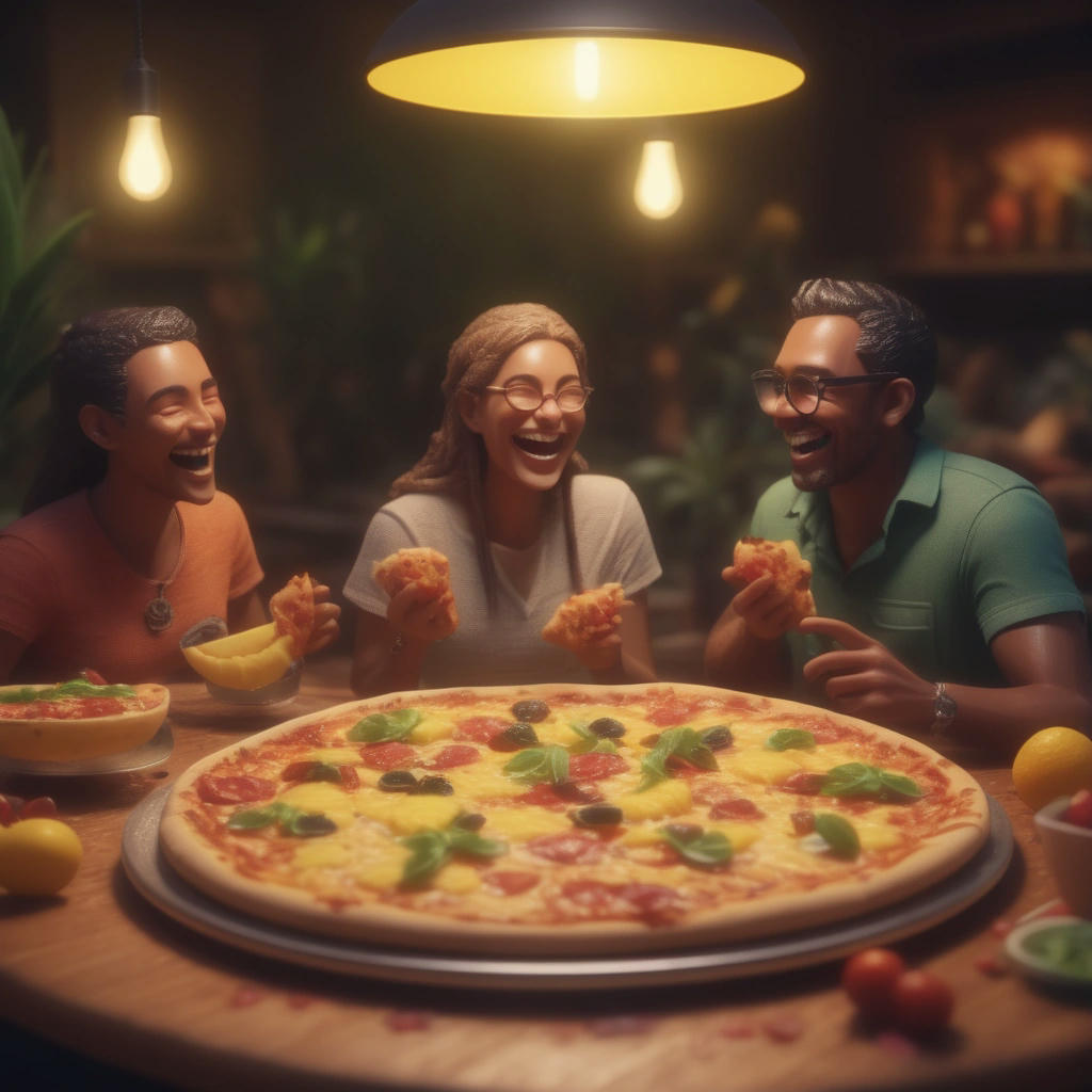 a group of people from different walks of life sitting around a table, sharing a pizza with various toppings, including pineapple, laughing and chatting, warm and cozy lighting, high contrast, vibrant colors, 4k, detailed, realistic