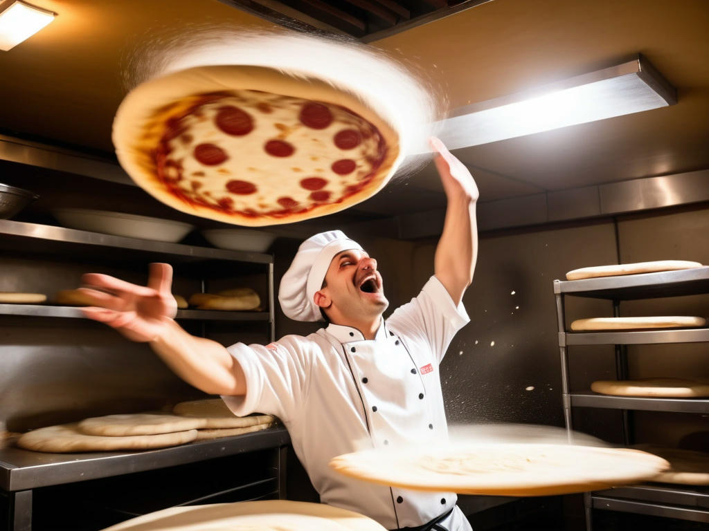 a pizza chef tossing and spinning pizza dough in the air in a traditional Italian pizzeria