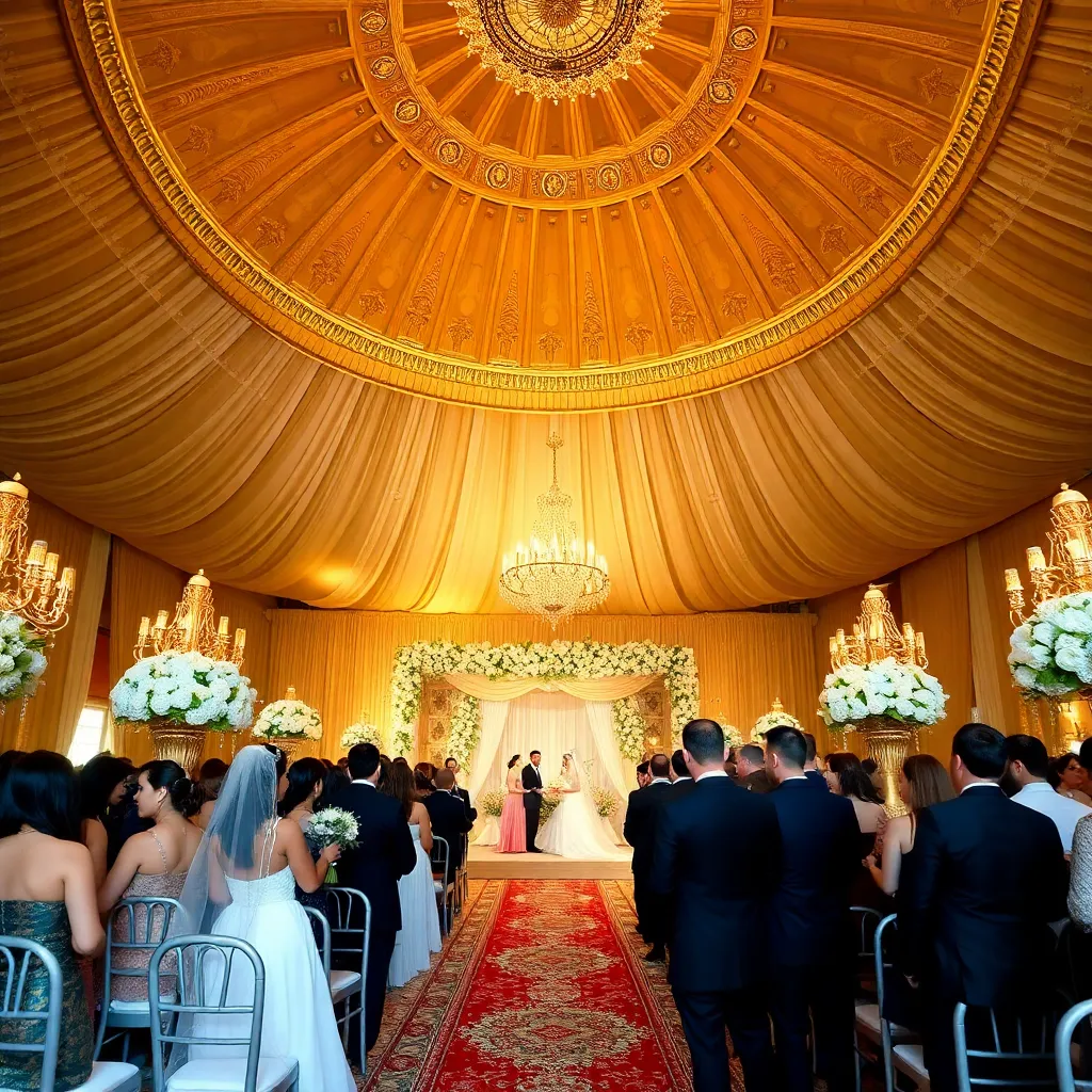 A lavish wedding ceremony taking place under a massive golden dome, with guests in formal attire and extravagant decorations