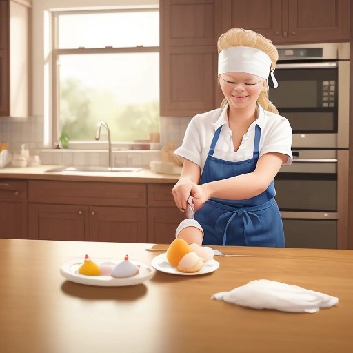 Blindfolded Kacky contestant in the kitchen