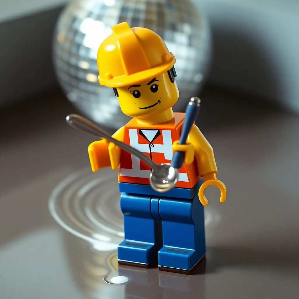 Lego minifigure in construction worker outfit stirring coffee counter-clockwise with spoon, seven distinct spoon trails visible in the coffee, disco ball reflection in background