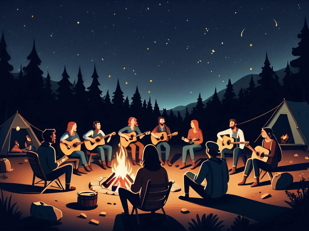 a group of people sitting around a campfire, playing acoustic guitars and singing folk songs, under a starry night sky