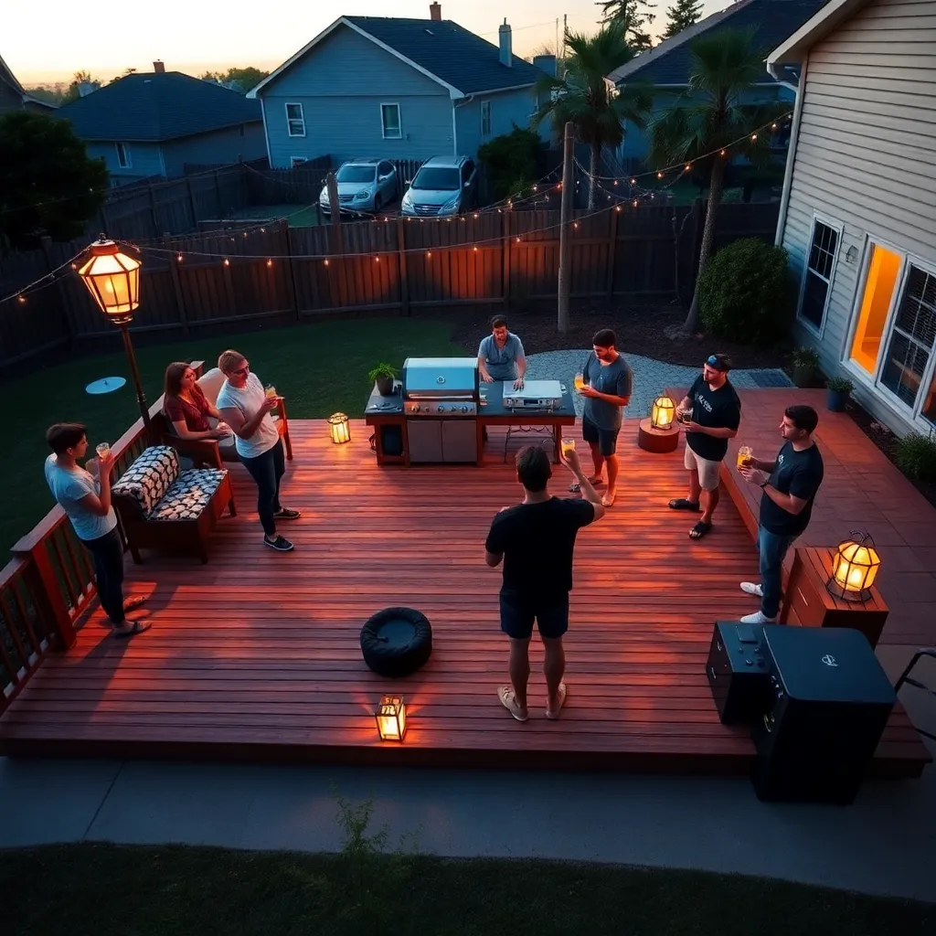suburban backyard transformed into a gaming battlestation, a large wooden deck functioning as a console, friends standing on it holding drinks like controllers, grill as docking station, patio lanterns glowing, whimsical high-end tech advertisement style
