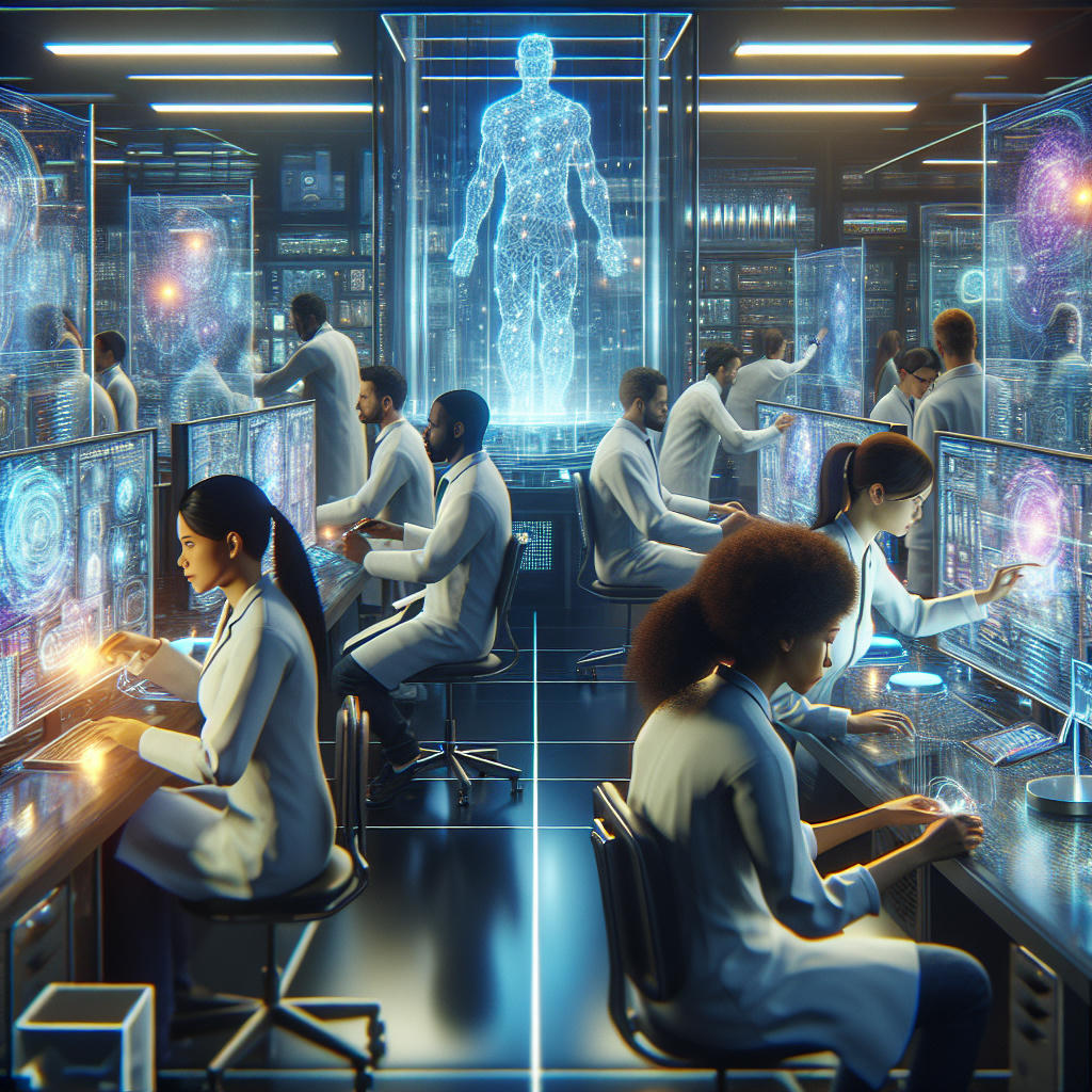 a futuristic lab with scientists and engineers working on AI models, surrounded by holographic data visualizations and advanced computing equipment, high-tech, ultra-modern, intricate details, dynamic lighting